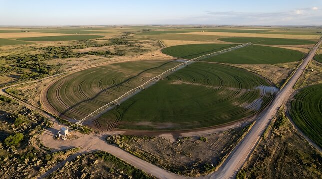 Aerial view of a center pivot irrigation system watering circular crop fields