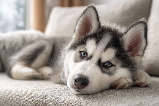 柔らかなソファでのんびりくつろぐシベリアンハスキーの子犬