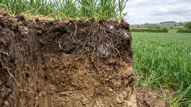 Realistic soil profile highlighting healthy roots and living soil for regenerative agriculture, climate resilience, environmental education and ESG reporting.