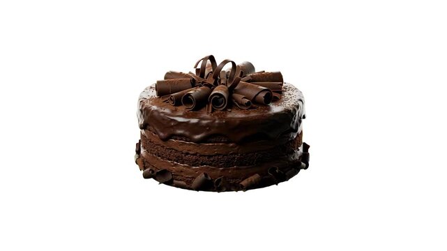 A delicious layer chocolate cake topped with gourmet chocolate curls, isolated on a clean white background. Excellent for bakery catalogs, dessert menu design, confectionery marketing, recipe websites