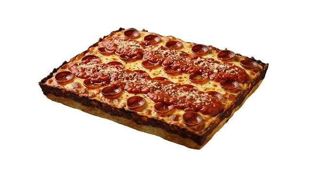 A rectangular Detroit-style deep dish pizza topped with crispy pepperoni, rich tomato sauce, and melted cheese with a caramelized crust edge, isolated on a white background. Perfect for pizza chain co