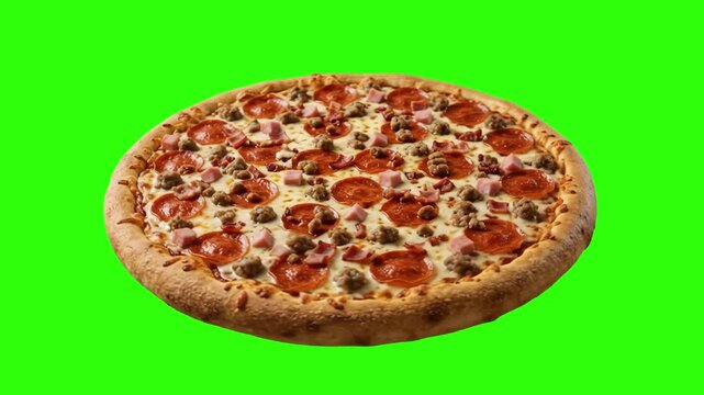 A delicious round pizza topped with pepperoni, sausage, and melted cheese, isolated on a green screen background. Great for pizzeria commercials, fast food advertising, delivery service promos, and VF