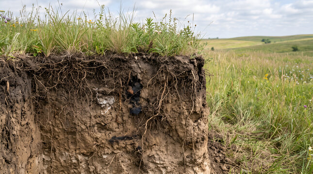 Natural underground grass root system illustrating soil carbon storage, regenerative landscapes and climate resilience for commercial sustainability projects.