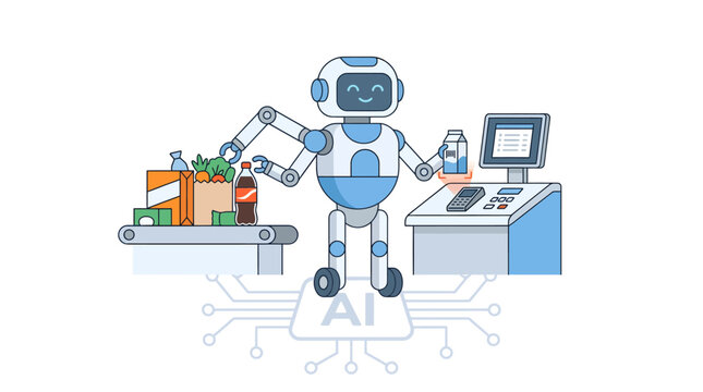Efficient humanoid robot with multi-arm dexterity scanning groceries at a checkout counter, illustrating the concept of artificial intelligence replacing human jobs for future workforce discussions