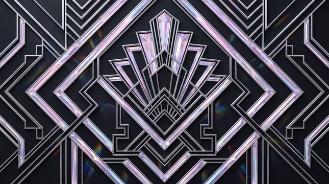 Luxury Art Deco Geometric Background with Silver Metallic Ornaments on Black, Elegant 1920s Gatsby Style Pattern