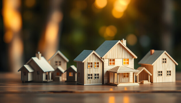 Wooden house model collections over blured nature background with vintage warm light, property and real estate business concept, mindfulness theme. White tone