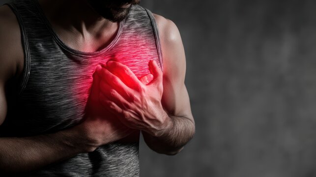hand hold chest with heart attack symptoms, have chest pain caused by heart disease, leak, dilatation, enlarged coronary heart, press on the chest with a painful expression