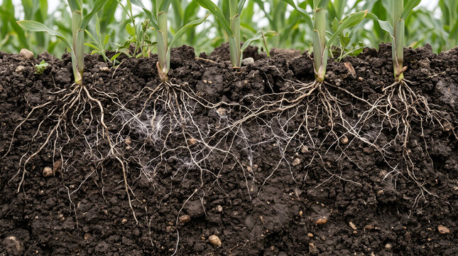 Realistic underground soil ecosystem showing mycorrhiza and healthy crop roots for sustainability, regenerative agriculture, ESG reports and environmental communication.