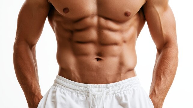 Slim man with six pack and white shorts on white background. shot of the model waist. Slim body with cellulite or healthy, fit, muscular, underwear, guy, attractive