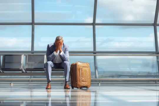 Stressed businessman sitting alone at airport terminal with suitcase waiting for a delayed flight business businessman suitcase terminal traveler stressed exhausted departure