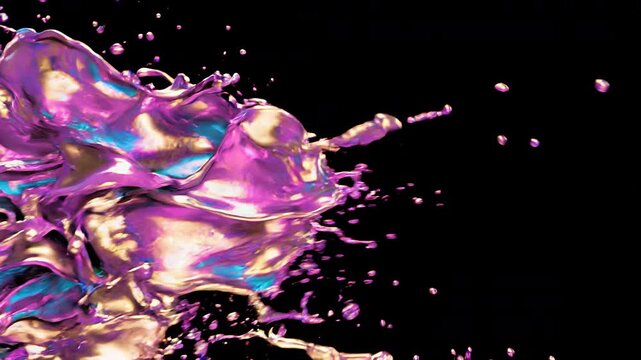 Overlay video transition, Vibrant purple and gold fluid splash isolated on black background showing dynamic metallic liquid motion.