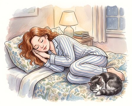 Cozy Night Sleep, Girl Resting with Cat in Warm Bedroom Watercolor Illustration