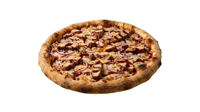 A detailed 3D model of a fresh whole BBQ chicken pizza with red onions, melted cheese, and baked crust, isolated against a solid white studio backdrop. Ideal for restaurant menu displays, fast food pr