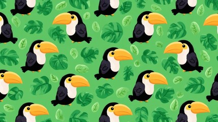 Obraz premium Cute toucan bird pattern seamless tropical green jungle foliage wallpaper background design for kids room decor illustration.