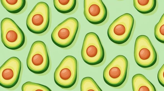 Seamless avocado pattern illustration featuring fresh halved fruit for vibrant healthy food background designs.