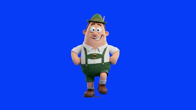 A friendly 3D cartoon Bavarian man wearing traditional German lederhosen and Alpine hat walking against a blue screen background. Excellent for Oktoberfest promos, German culture clips, travel media, 