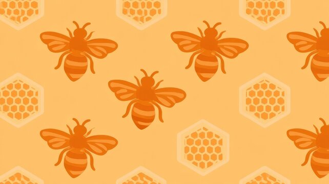 Seamless pattern featuring honey bees and hexagonal honeycombs on vibrant orange background for nature and insect design concepts.