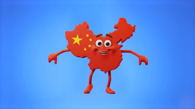 A cheerful 3D mascot shaped like the map of China, featuring its national red flag with golden stars, dancing with open arms against a solid blue studio backdrop. Ideal for Asian geography lessons, tr