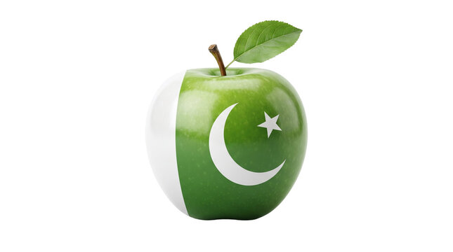 Fresh green apple featuring Pakistan national flag with crescent moon star glossy realistic fruit isolated on white background