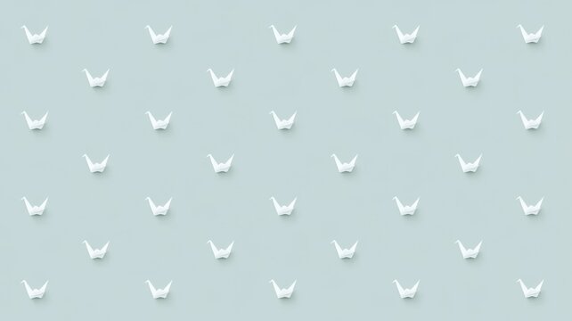 Seamless pattern of white paper origami cranes on pastel blue background for minimalist creative design projects.