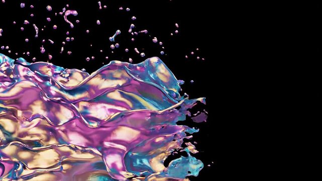 Overlay video transition, Dynamic liquid splash explosion featuring vibrant purple and teal hues isolated against a solid black background.