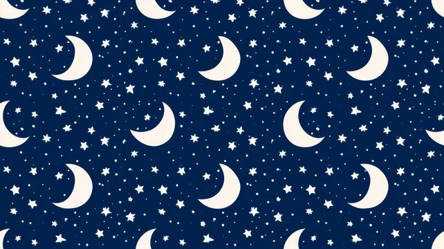 Seamless pattern featuring cream crescent moons and white stars on a deep navy blue background for festive designs.