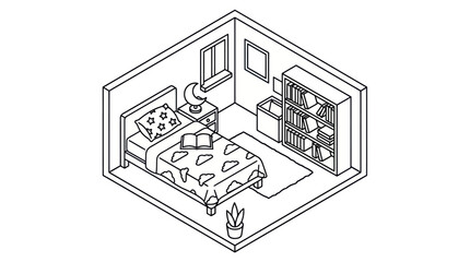 Isometric bedroom interior with bed bookshelf and window. © gacor