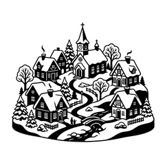 Obraz premium Traditional winter village landscape with cozy snow covered houses and church