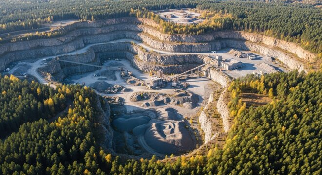 Vast open-pit rock quarry surrounded by autumn forest, showcasing industrial extraction operations from above.
