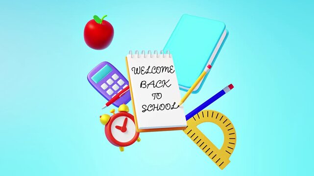 Floating 3D stationery items with school message motion graphic.