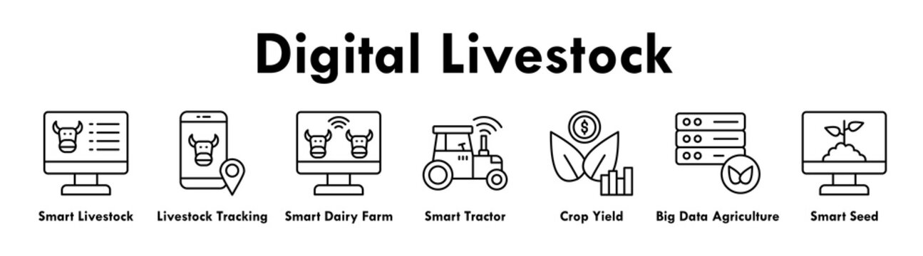 Digital Livestock banner web icon illustration concept with icon of smart livestock, livestock tracking, smart dairy farm, smart tractor, crop yield, big data agriculture, and smart seed technology