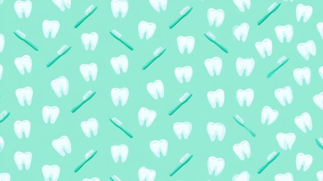 Seamless pattern of toothbrushes and white teeth on pastel green background for dental care and oral hygiene education.
