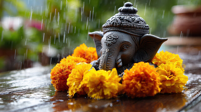 Beautiful idol of Ganesha surrounded by vibrant marigold flowers with raindrops falling gently creates serene atmosphere for children with