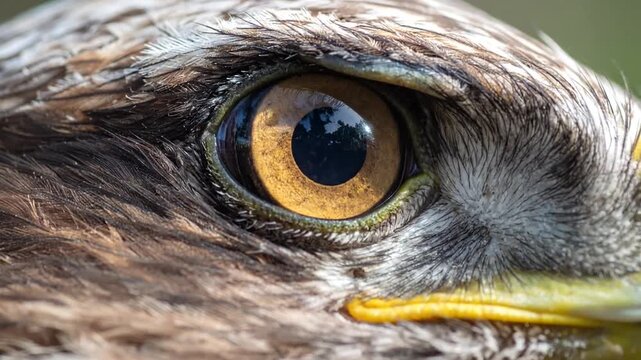 Close-up of a majestic eagle's amber eye with detailed feathers in bright daylight