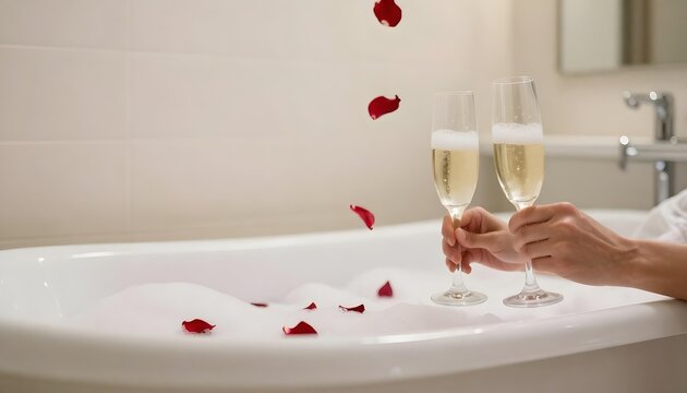 A couple in a bathtub holds champagne flutes, symbolizing romance and emotional connection in a summer celebration of love