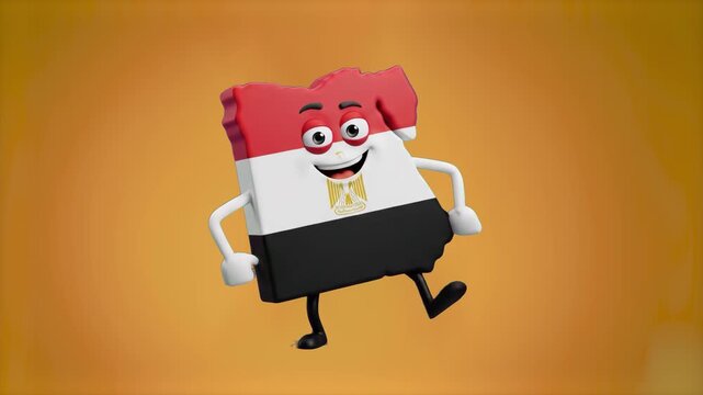 A cheerful 3D cartoon Egypt map outline filled with the Egyptian flag jumping in place, isolated on a warm orange studio backdrop. Ideal for Egyptian tourism promos, travel agency ads, cultural events