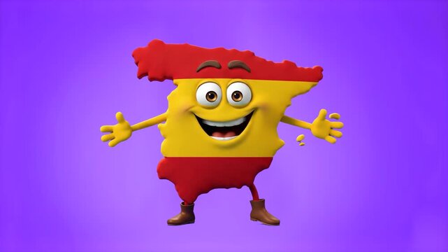 A cheerful 3D mascot character in the shape of the Spain map featuring its iconic national flag colors performs a fun dance step against a colorful purple backdrop. Perfect for geography tutorials, tr