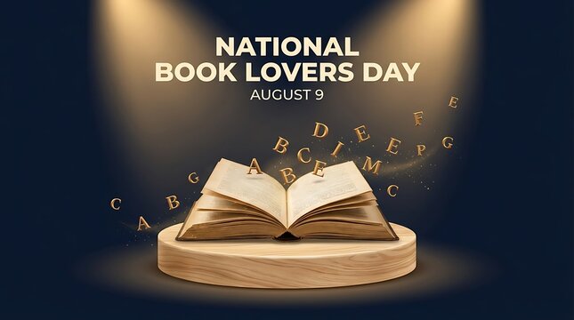 National Book Lovers Day banner with open book on wooden podium, August 9 celebration poster, flying letters and magical spotlight on dark background