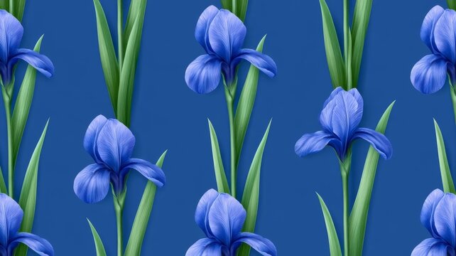 Seamless repeating pattern of elegant blue iris flowers and lush green foliage on deep blue background for textile design.