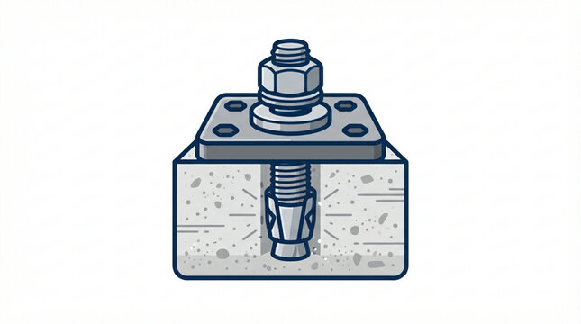 Concrete anchor bolt for heavy duty mounting. Steel expansion fastener in stone block.