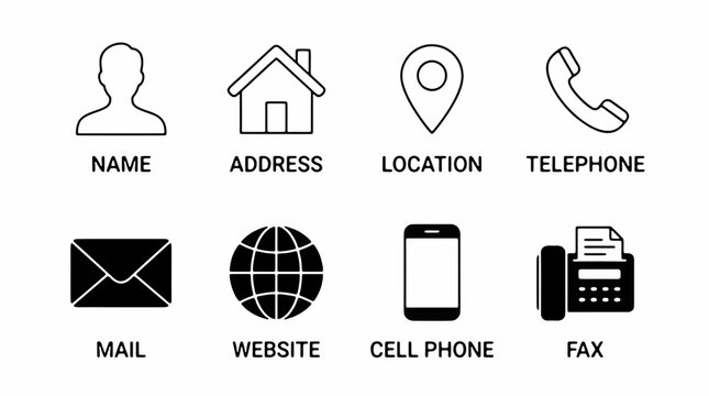 A clean minimalist vector icon set featuring eight common business and contact symbols, arranged in two horizontal rows. The icons include a user profile silhouette with the label "NAME", a house icon