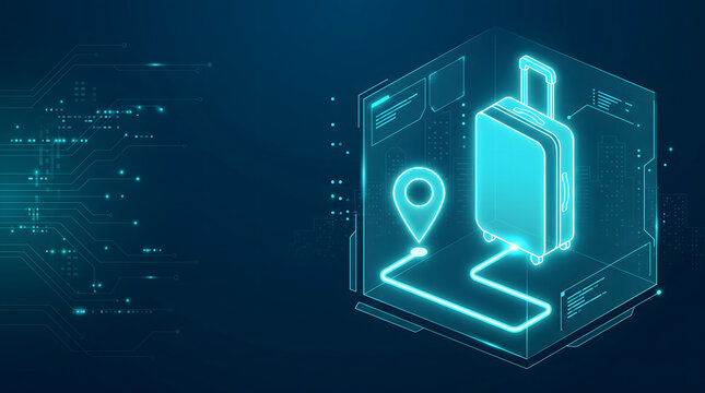 Futuristic holographic suitcase with location marker and digital travel route visualization for smart tourism