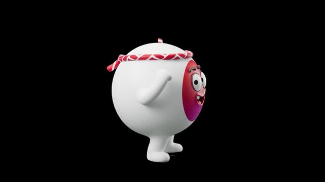 A friendly 3D spherical cartoon character representing the flag of Japan dancing against a solid black backdrop. Ideal for Japanese cultural promos, sports events, language lessons, and children's ani