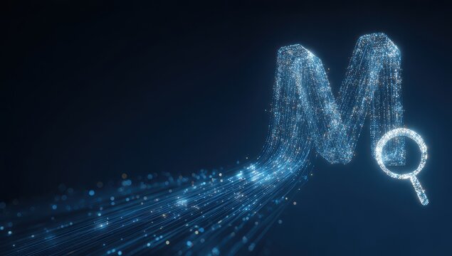 Magnifying glass searching through abstract glowing particle letter m symbolizing data mining and information discovery with magnifying alphabet particle technology abstract information