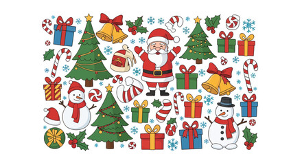 Fototapeta premium Festive Christmas collection with Santa, snowmen, Christmas trees, presents, candy canes, bells, holly, snowflakes, and a Christmas stocking