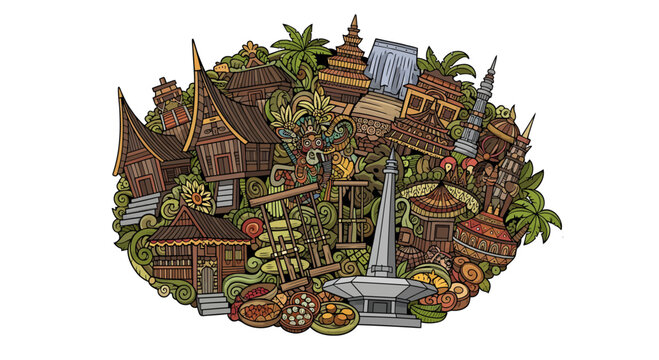 Hand drawn doodle illustration of Indonesia travel landmarks and cultural symbols.