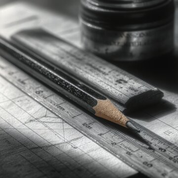 A close-up view of a graphite pencil resting on a metal ruler over technical engineering drawings, with a blurred ink container in the background, captured in high-contrast monochrome style.