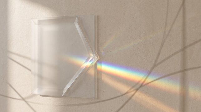 Translucent frosted glass panel creates a soft rainbow prism refraction on a beige wall. The aesthetic layout suits organic beauty branding and web design mockups.