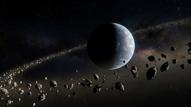 A cinematic depiction of an astroid belt surrounding a dark planet floating in deep space with glowing stars and cosmic debris drifting in orbit