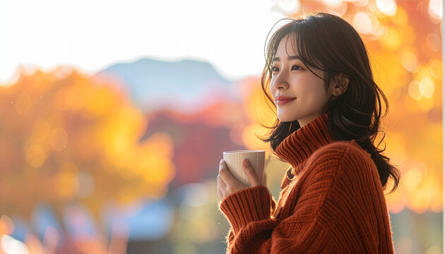 紅葉した綺麗な山並みをバックに温かいマグカップを持ち優しくほほ笑む女性
